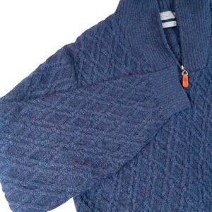 Talbots Mens 100% Alpaca Wool Quarter Zip Sweater Navy Blue Diamond Cable Knit